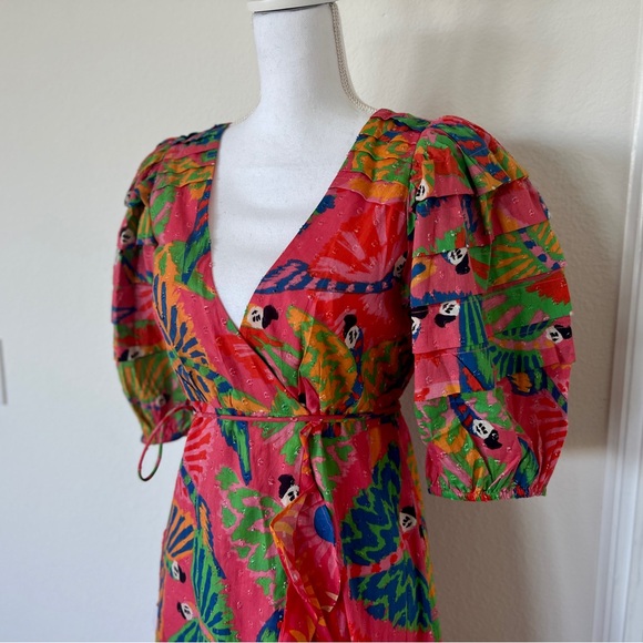 NWT - FARM Rio Coral Mixed Graphic Macaws Puff Sleeve Midi Dress / Size S - Picture 9 of 15